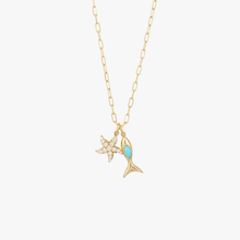 Load image into Gallery viewer, Chaîne de corps Sabina, extra longue, or jaune 18 carats, étoile de mer diamants blancs, poisson turquoise naturelle, face