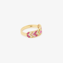Load image into Gallery viewer, Ani bague 3 Rose en or 18K avec diamants salt & pepper, saphir rose profil