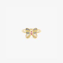 Load image into Gallery viewer, Bague Papillon or jaune 18 carats, saphirs bleus, saphirs jaunes, saphir rose et diamants, face