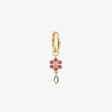 Load image into Gallery viewer, mini boucle d'oreilles miniflower 2 or jaune 18 carats rubis, émeraude et saphir rose face