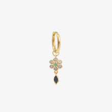 Load image into Gallery viewer, mini boucle d'oreilles miniflower 2 or jaune 18 carats émeraude diamants et saphir bleu face