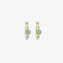 Load image into Gallery viewer, Boucles d'oreilles créoles Miniflower or jaune, émeraudes, turquoises et diamants salt and pepper face