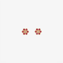 Load image into Gallery viewer, Puces d'oreilles Miniflower 1 rouges, or jaune, rubis et saphirs roses face