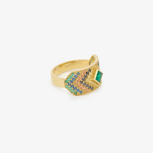 Load image into Gallery viewer, Bague Ani 2 verte, or jaune, diamants noirs, émeraudes, saphirs bleus, jaunes et cognac, Profil
