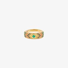 Load image into Gallery viewer, Bague Ani 3 Verte en or 18k avec émeraudes, diamants noirs, saphirs cognacs et jaunes face
