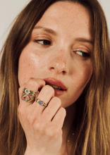 Load image into Gallery viewer, Bague Ani 2 Rose, or jaune, saphirs roses, diamants "salt and pepper", rubis porté face
