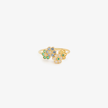 Cargar imagen en el visor de la Galería, Sophie d'Agon, Miniflower Bague 4, or jaune 18 carats, émeraudes, saphirs bleus, saphirs jaunes, diamants salt and pepper, face 
