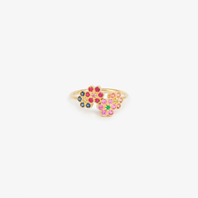 Cargar imagen en el visor de la Galería, Sophie d'Agon, Miniflower Bague 4 Pop, or jaune 18 carats, saphirs bleu nuit, rubis, saphirs roses, saphirs cognacs, émeraude, face
