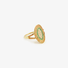 Load image into Gallery viewer, Ani Bague 5 Cognac, or 18k, saphirs cognac, émeraudes, diamants blancs profil
