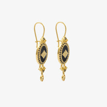 Load image into Gallery viewer, Boucles d’oreilles Athéna or jaune émail noir, diamants noirs, saphirs jaunes profil
