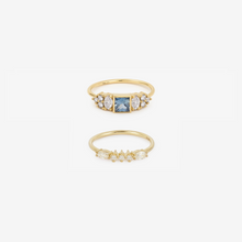 Load image into Gallery viewer, Ginger Bague 2 Bleue et Gaia Bague 6 Diamant, or jaune, saphir bleu, diamant salt and pepper, diamants blancs face
