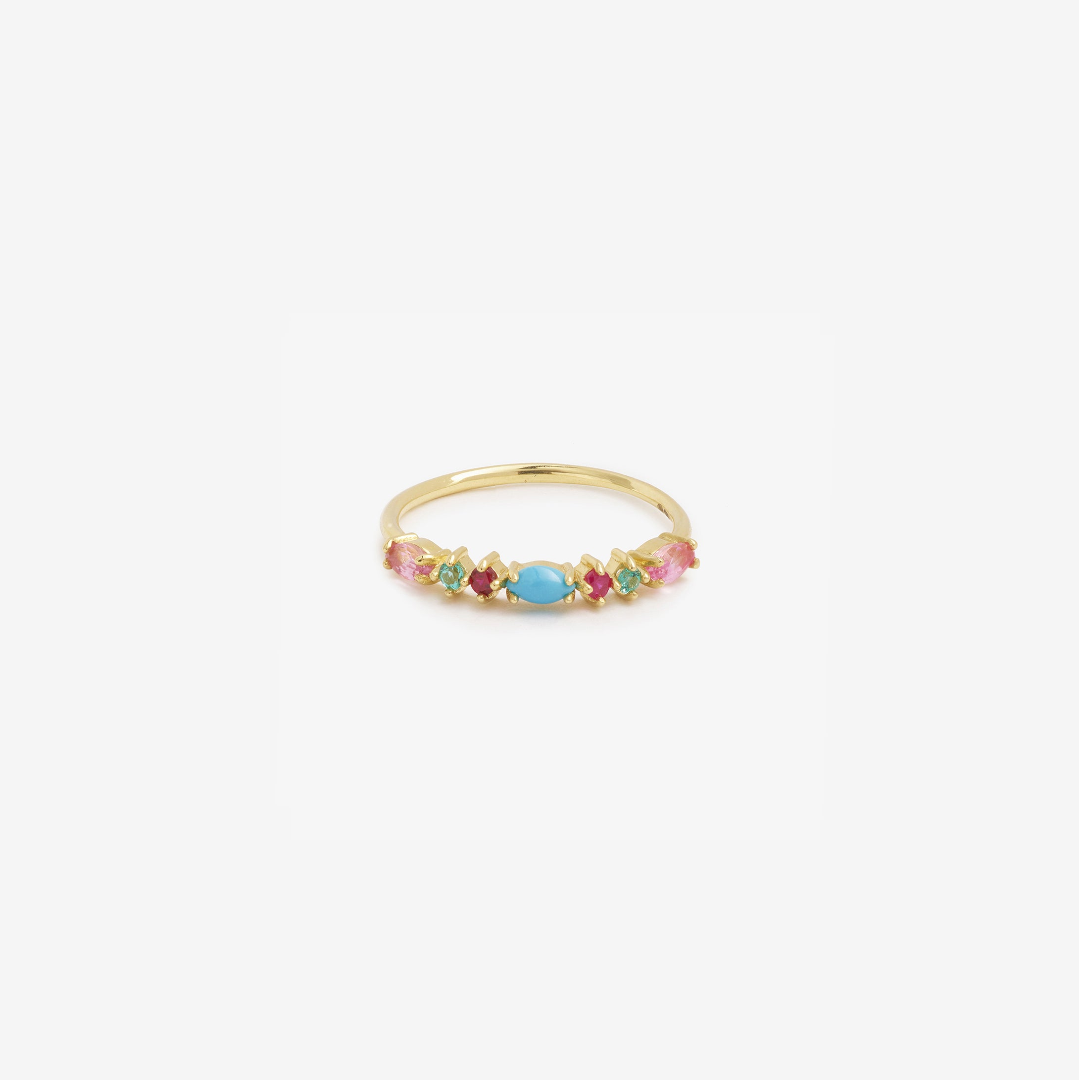 Bague Gaia 3 Turquoise en or jaune avec turquoise, saphir rose, rubis et émeraude face