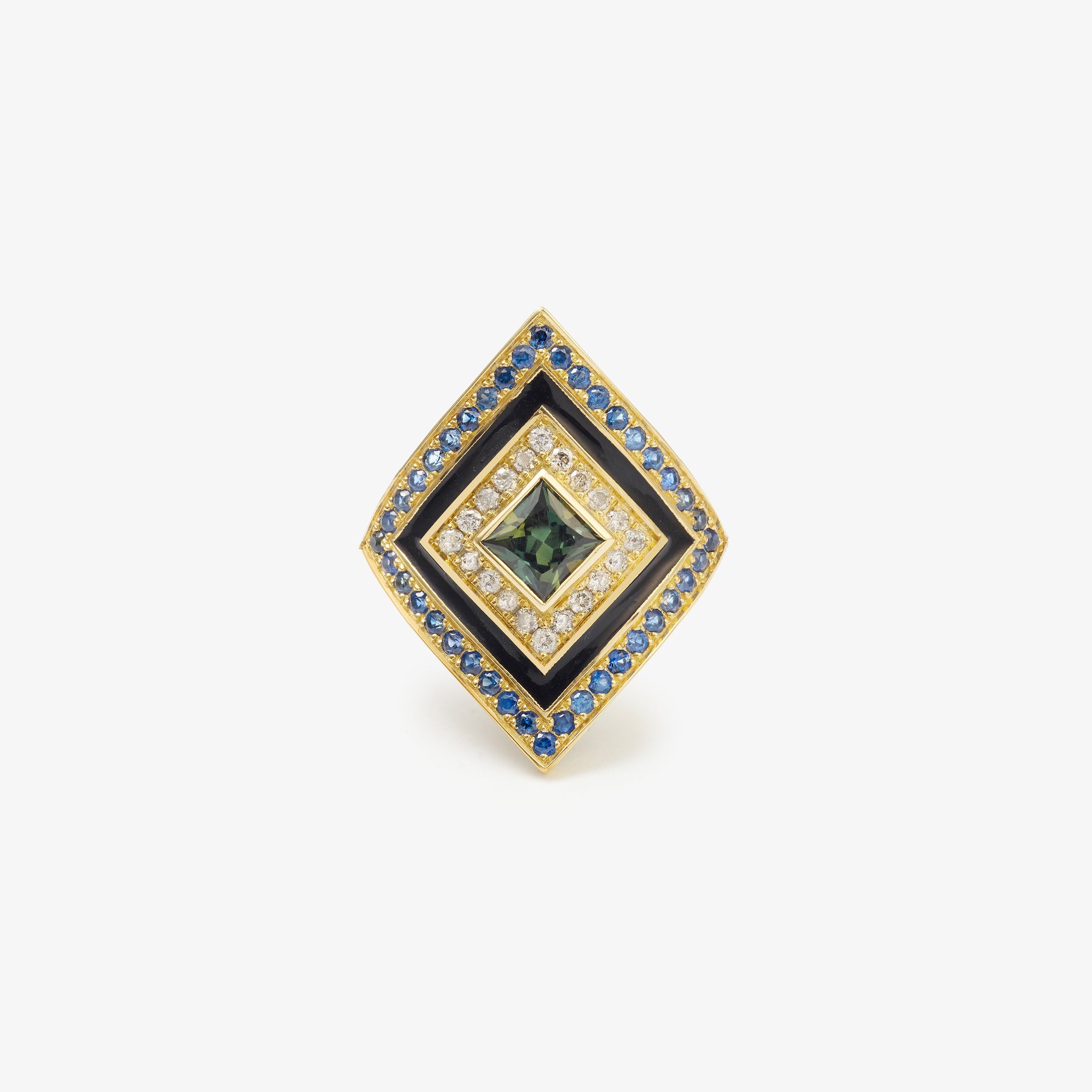 Ginger bague 3 forêt, émail, saphirs, diamants salt & pepper, face