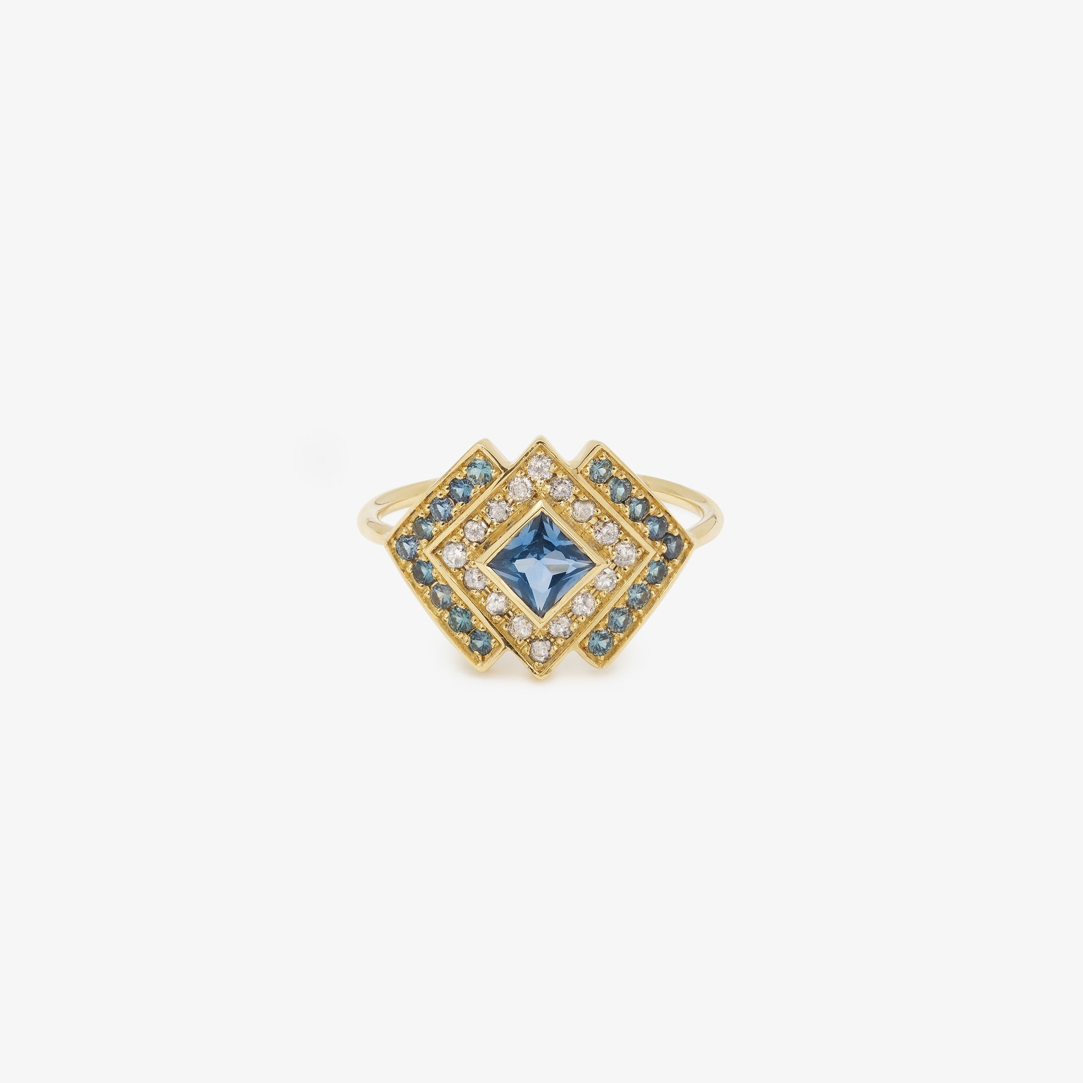 Ginger bague 6 bleue, or jaune, saphir bleu, diamant, saphir vert face