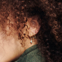 Load image into Gallery viewer, mini boucle d&#39;oreilles luciole turquoise or jaune turquoise naturelle porté 2
