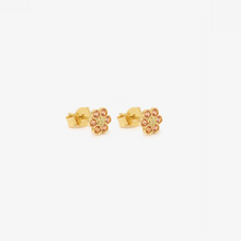 Load image into Gallery viewer, Miniflower boucles d&#39;oreilles 4 Hibiscus or jaune 18 carats, saphirs cognacs et saphir jaune profil
