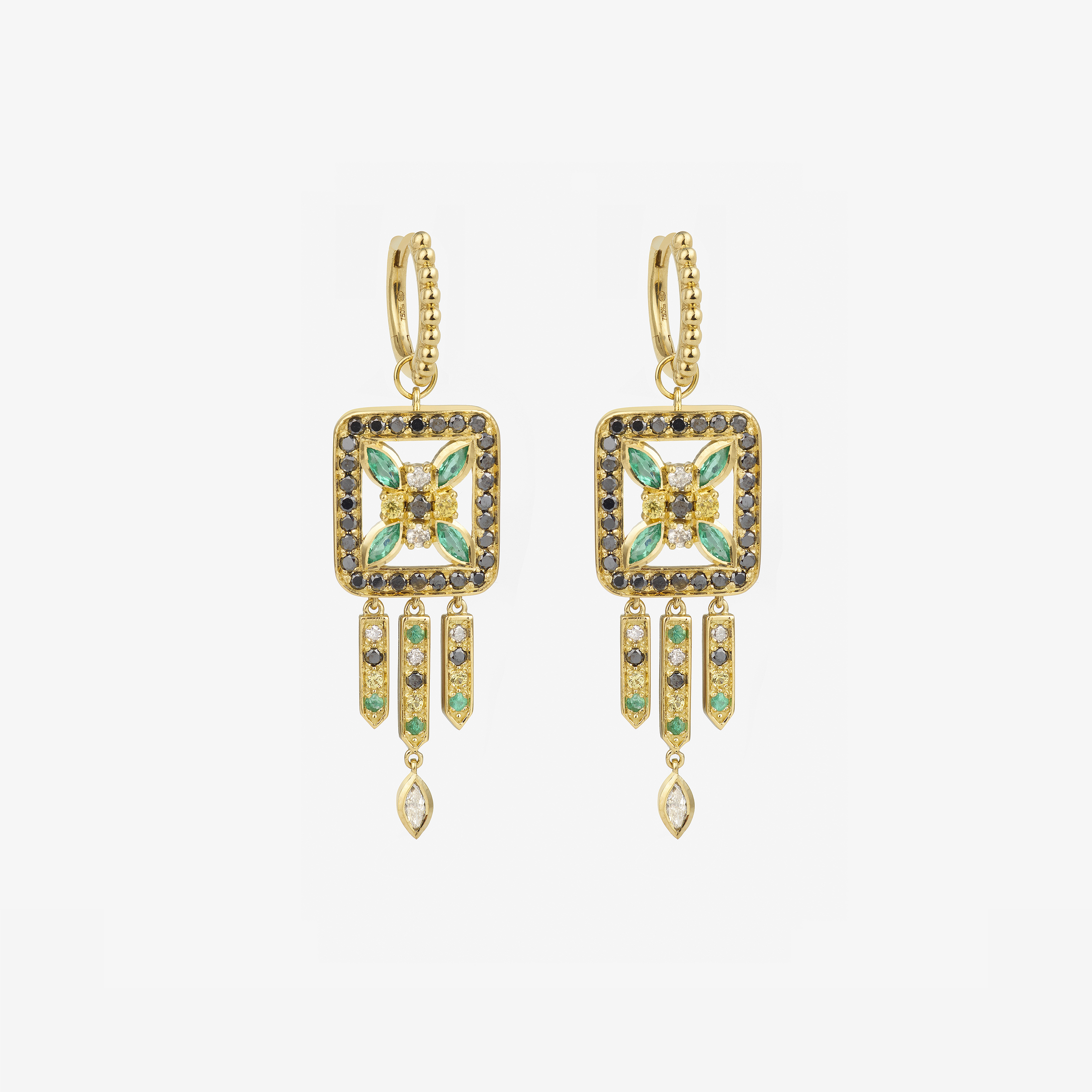 Boucles d'oreilles Rita 1 Verts en or 18 K, Saphirs, Diamants et émeraudes face