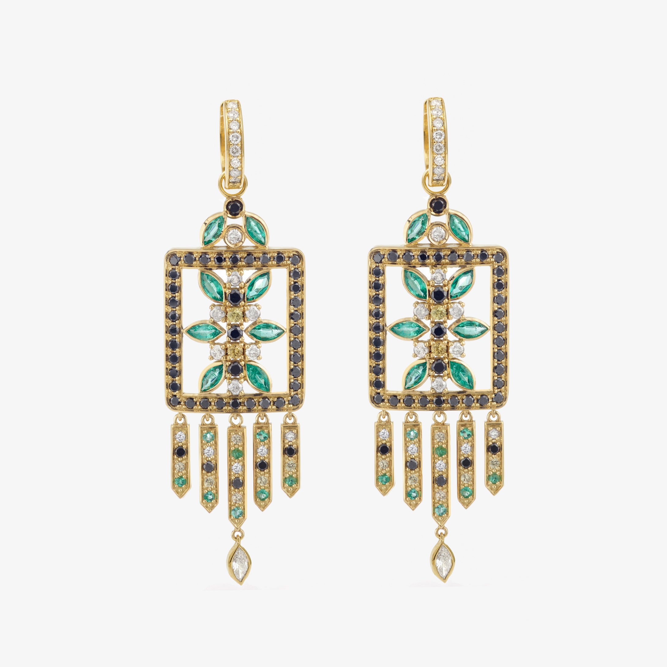 Boucles d'oreilles Rita 1 Verts en or 18 K, Saphirs, Diamants et émeraudes face