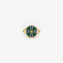 Load image into Gallery viewer, Sophie d'Agon, Selene bague en or jaune 18 carats, malachite, saphirs bleu, saphirs jaunes, face
