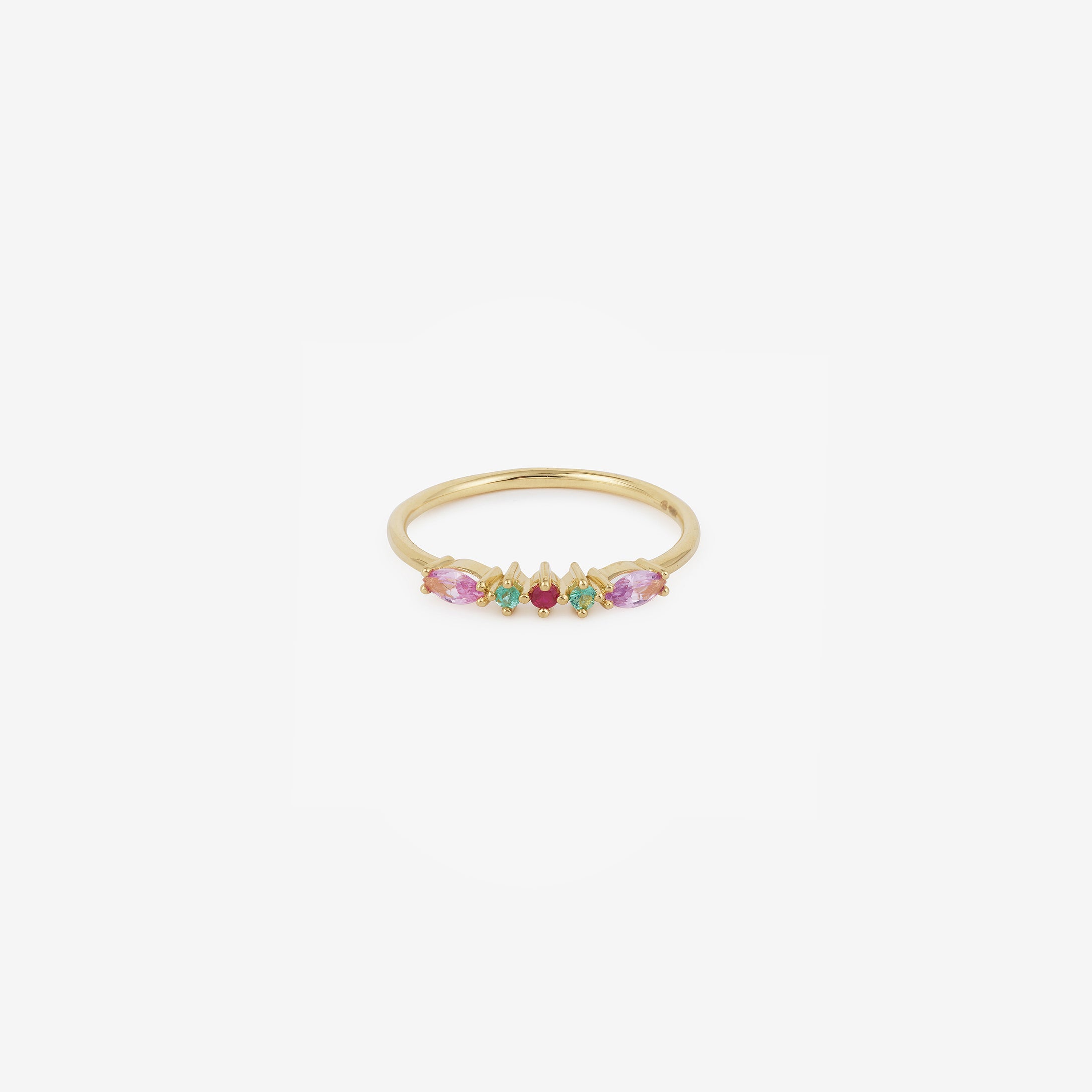 Bague Gaia 6 rouge or jaune, émeraudes, saphirs roses et rubis face