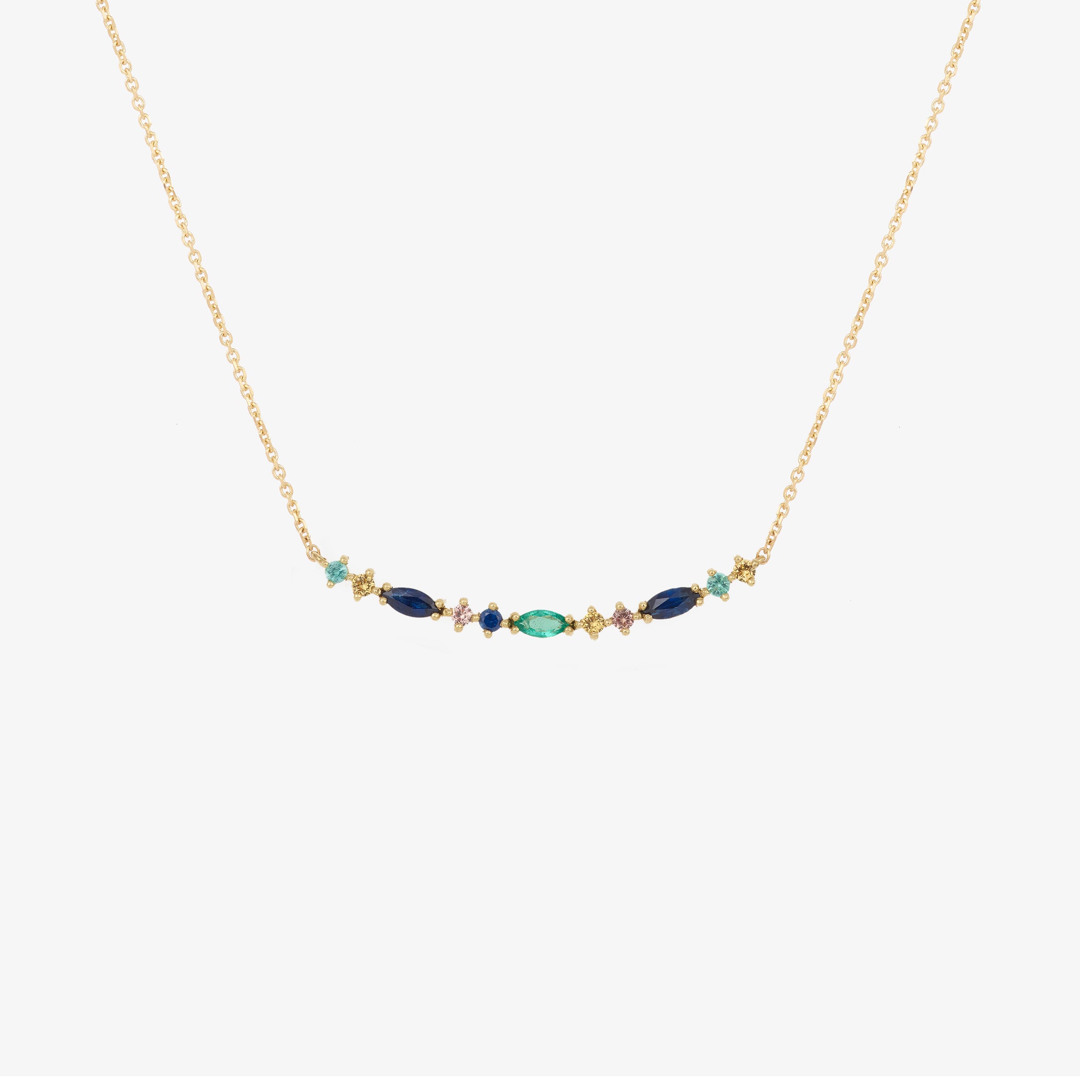 Gaia collier 1 vert, émeraudes, saphires, face