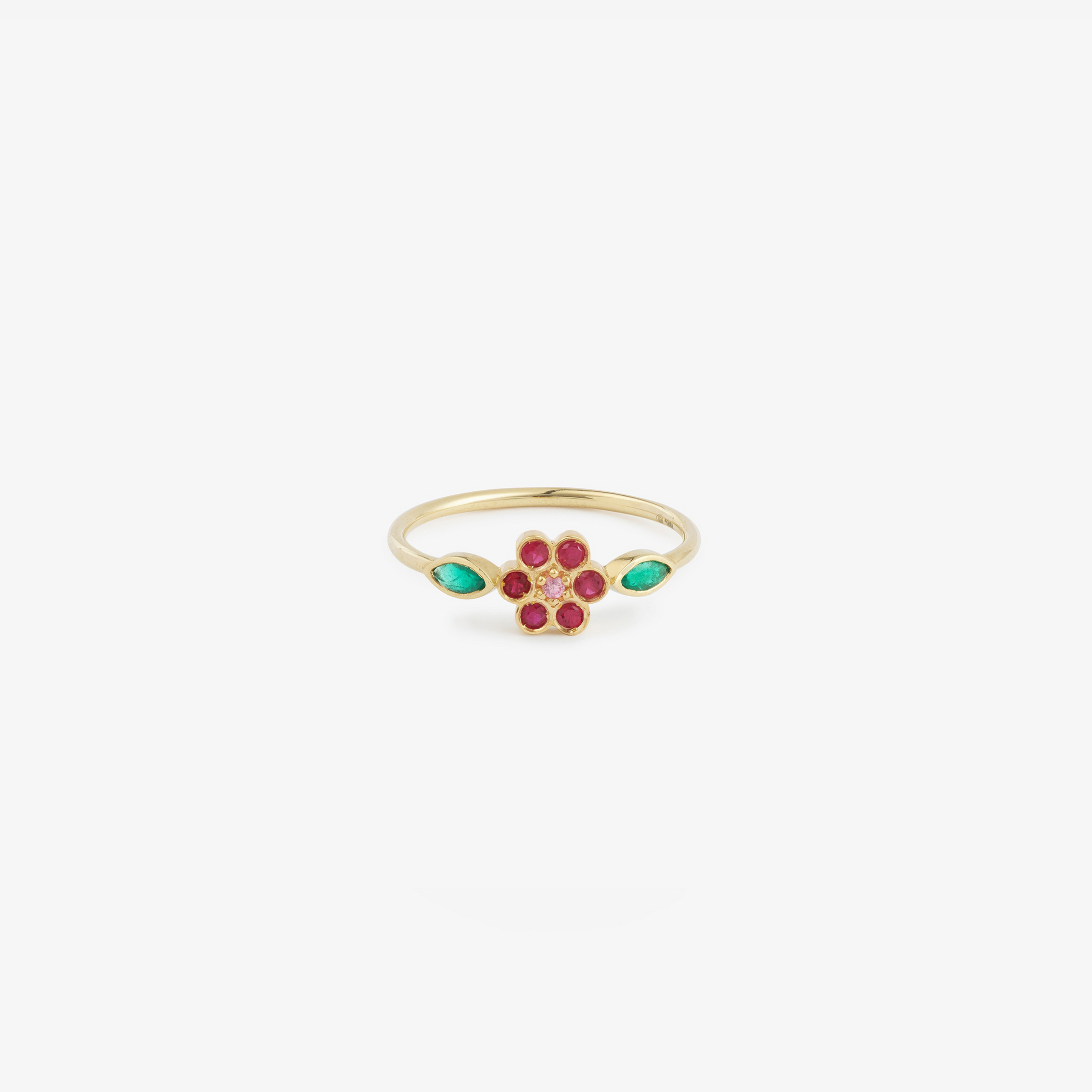 Bague Miniflower 1 rouge or jaune, rubis, émeraudes et saphir rose face